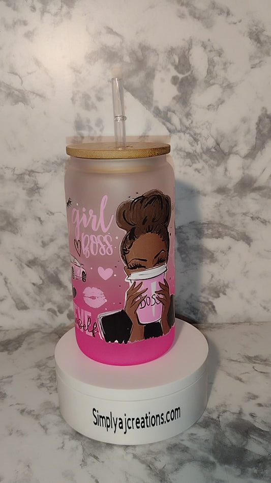 WOC Girl Bos/ Glass Drinking Jar